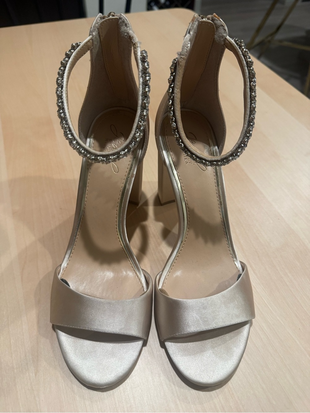 Jewel Badgley Mischka Satin Jeweled Ankle-Strap Heels with Embellishments